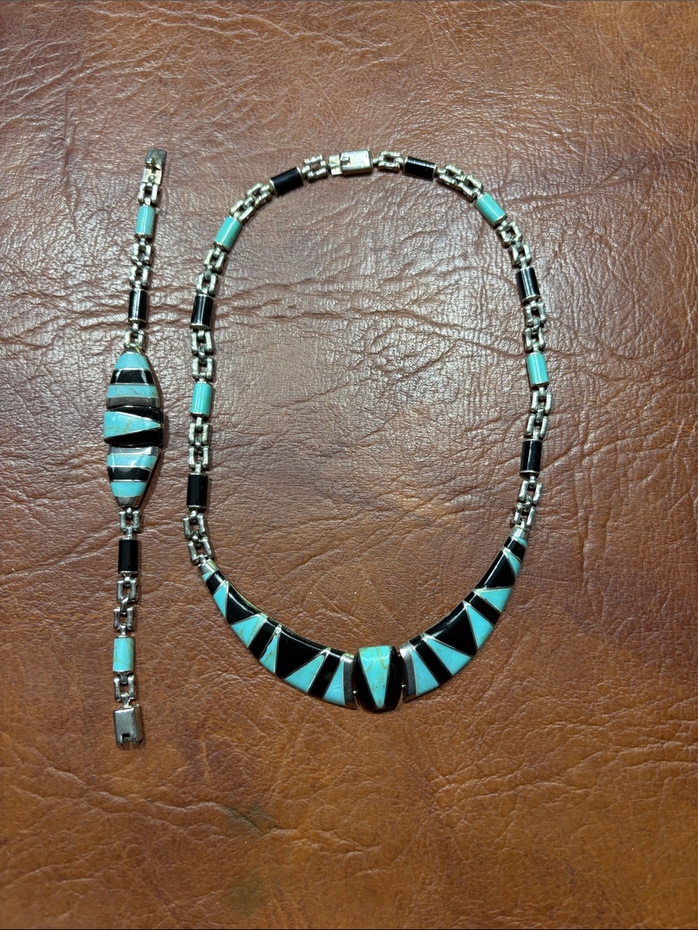 Turquoise and Black Inlay Necklace and Bracelet Set Super gorgeous on 17.5”/7”